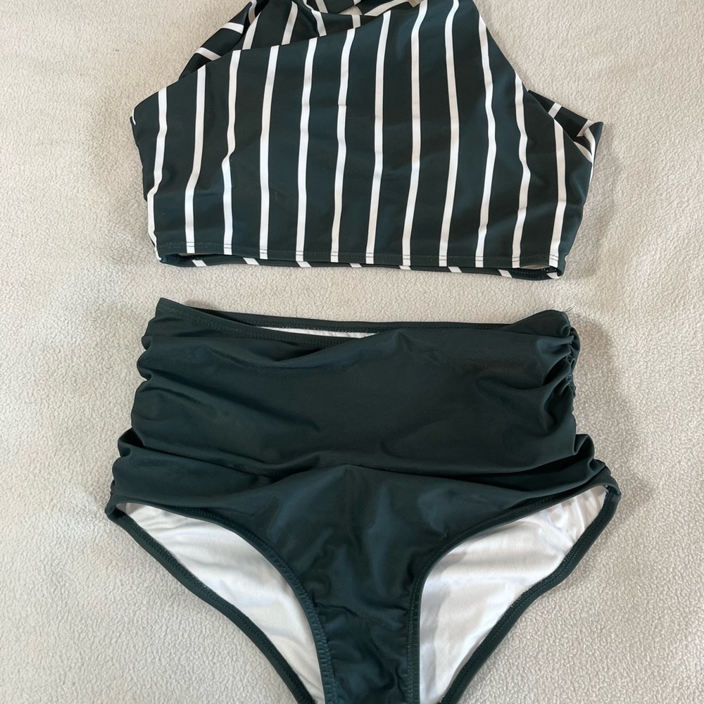 Striped Green and White Bikini Set